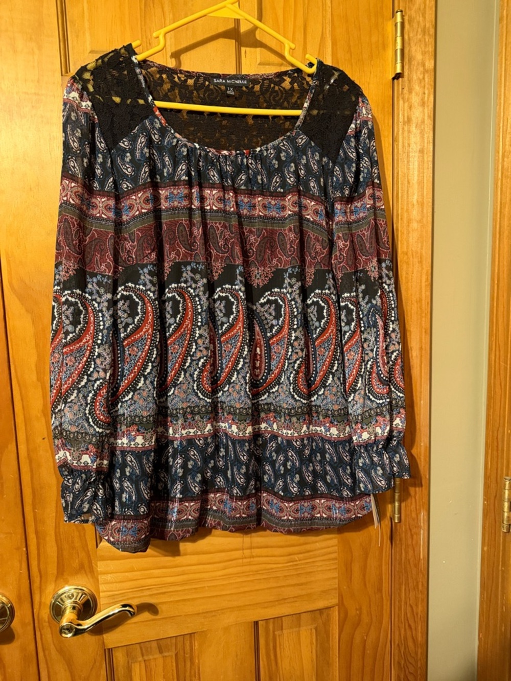 Sara Michelle Navy Paisley Lace Yoke Blouse